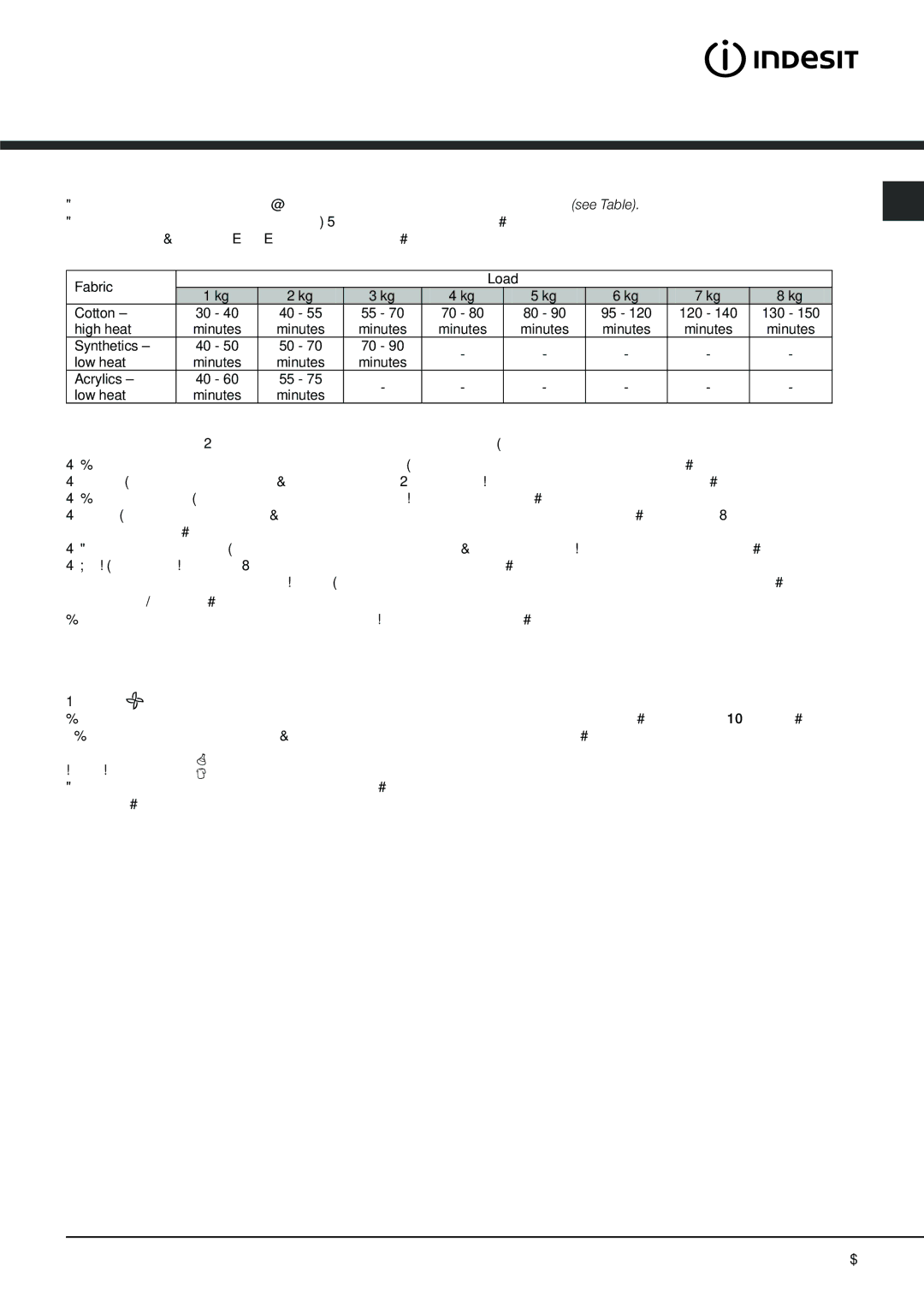 Indesit IDC 85 S instruction manual Drying settings, Drying times, Drying programmes and options 