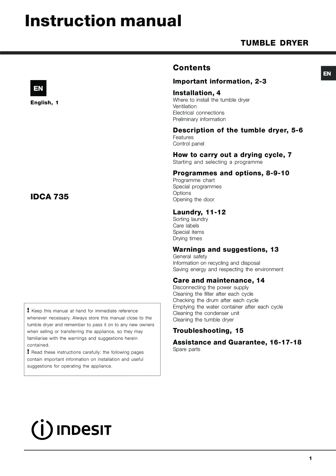 Indesit IDCA 735 instruction manual Tumble Dryer 