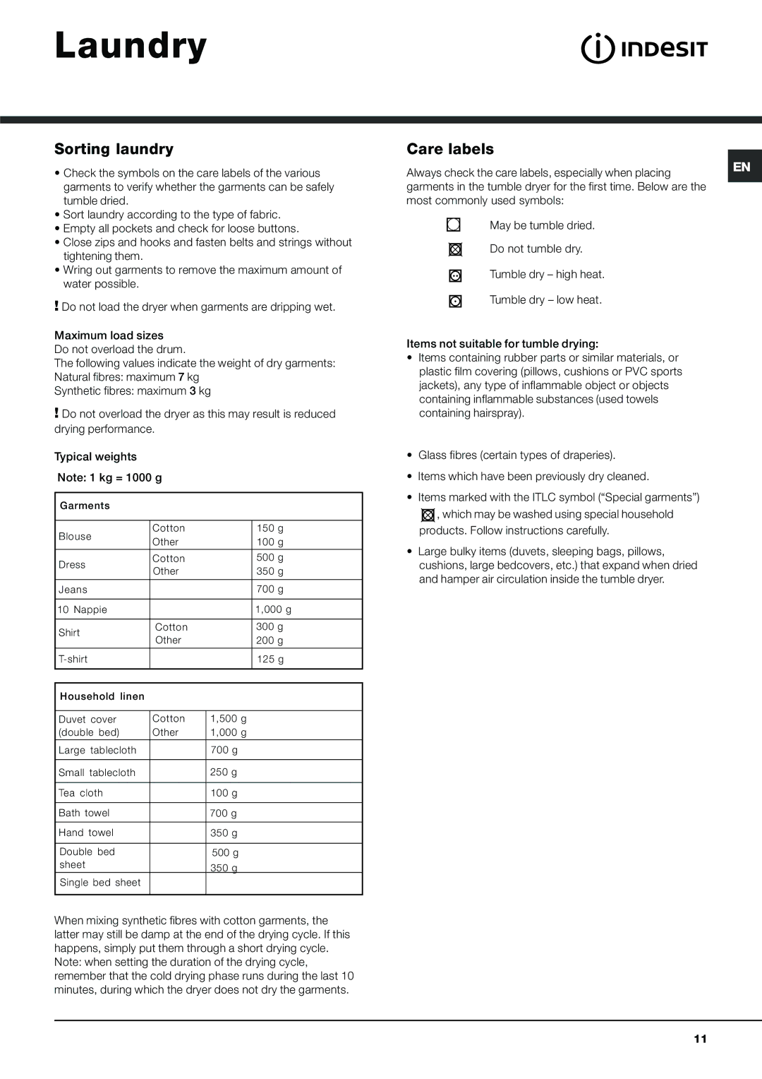 Indesit IDCA 735 instruction manual Laundry, Sorting laundry, Care labels 