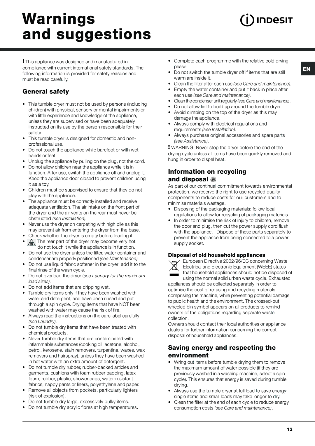 Indesit IDCA 735 Suggestions, General safety, Information on recycling and disposal, Disposal of old household appliances 