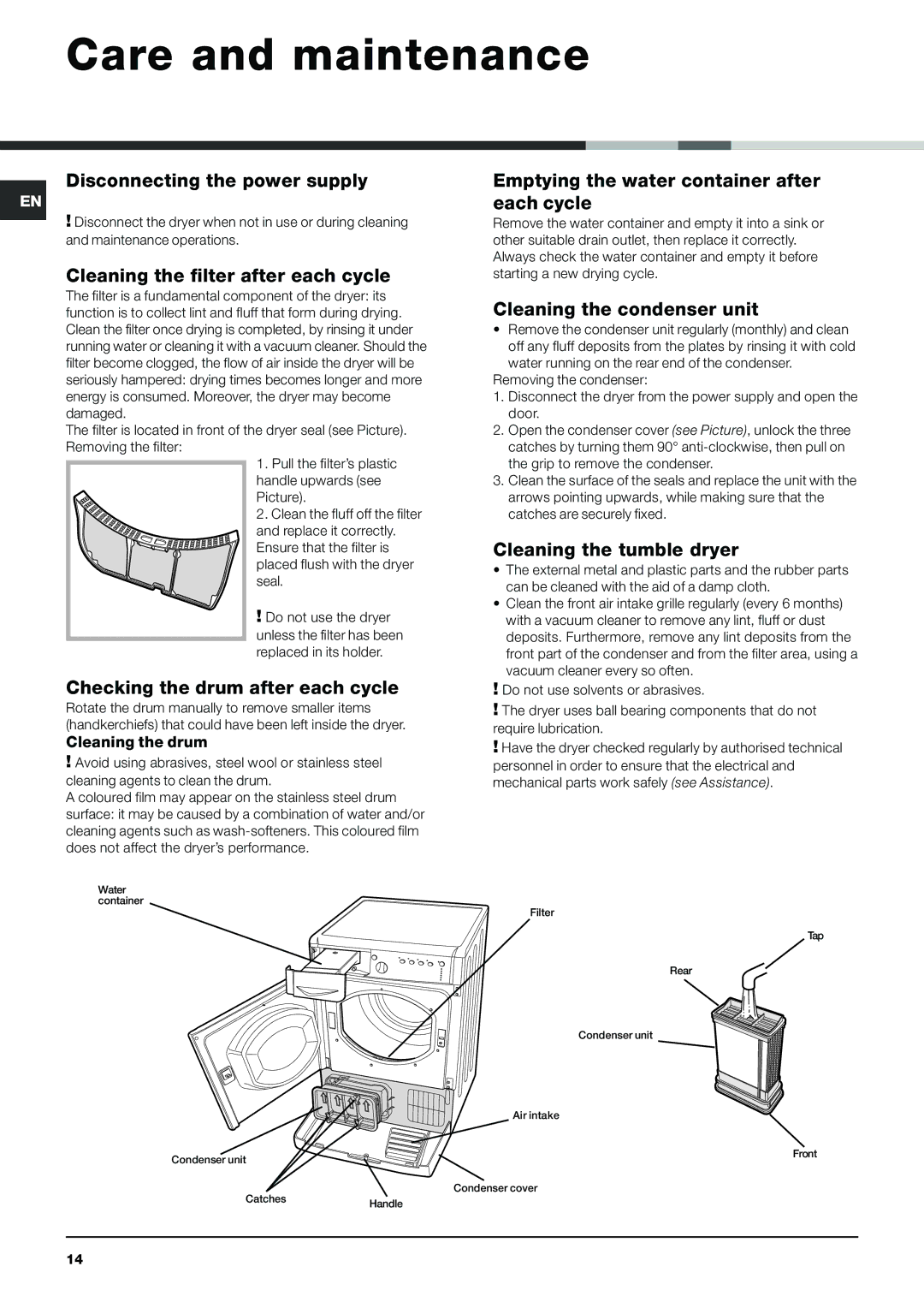 Indesit IDCA 735 instruction manual Care and maintenance 