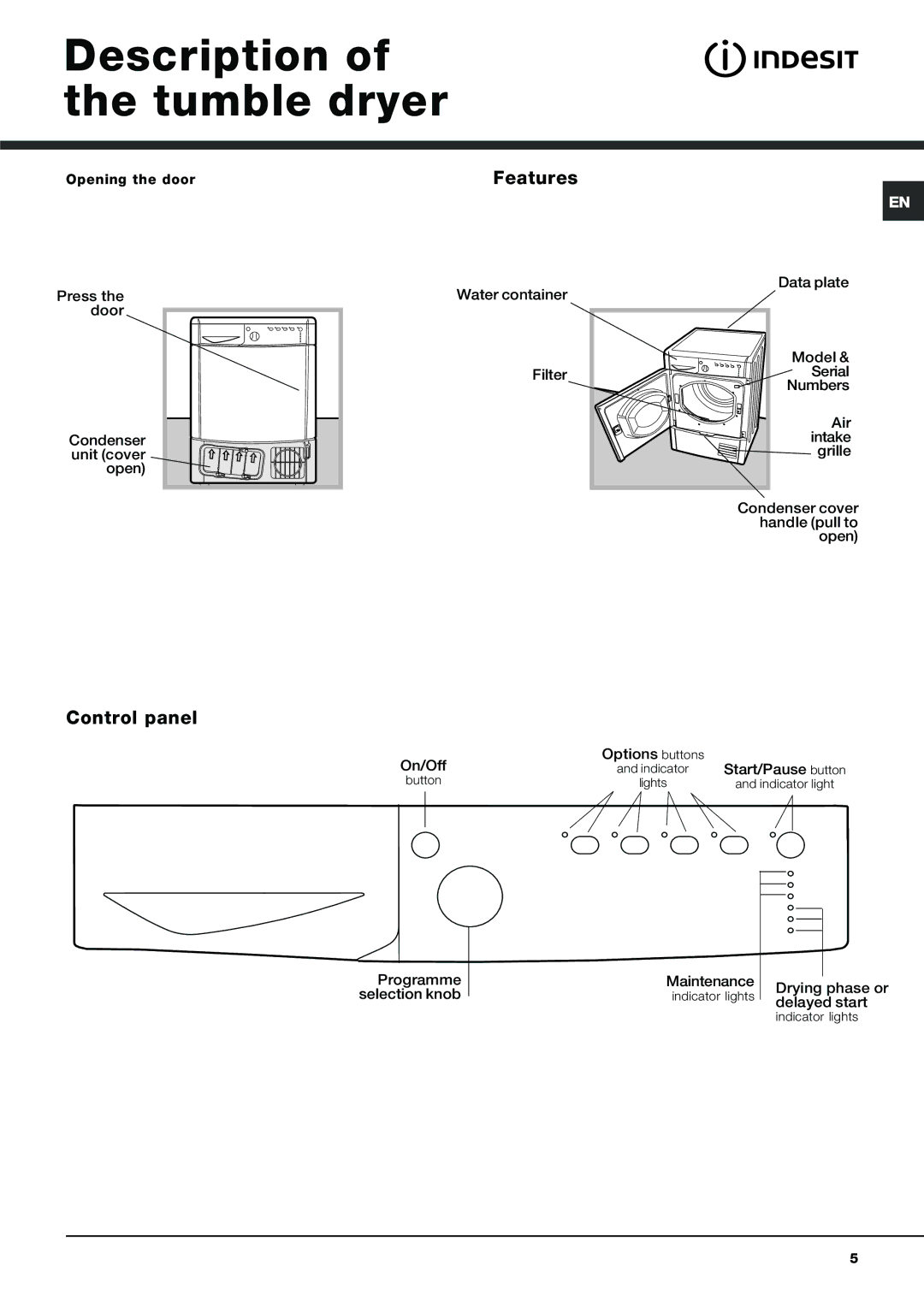 Indesit IDCA 735 instruction manual Description of the tumble dryer, Features, Control panel 