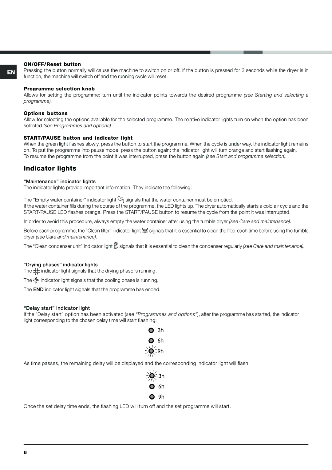 Indesit IDCA 735 instruction manual Indicator lights 