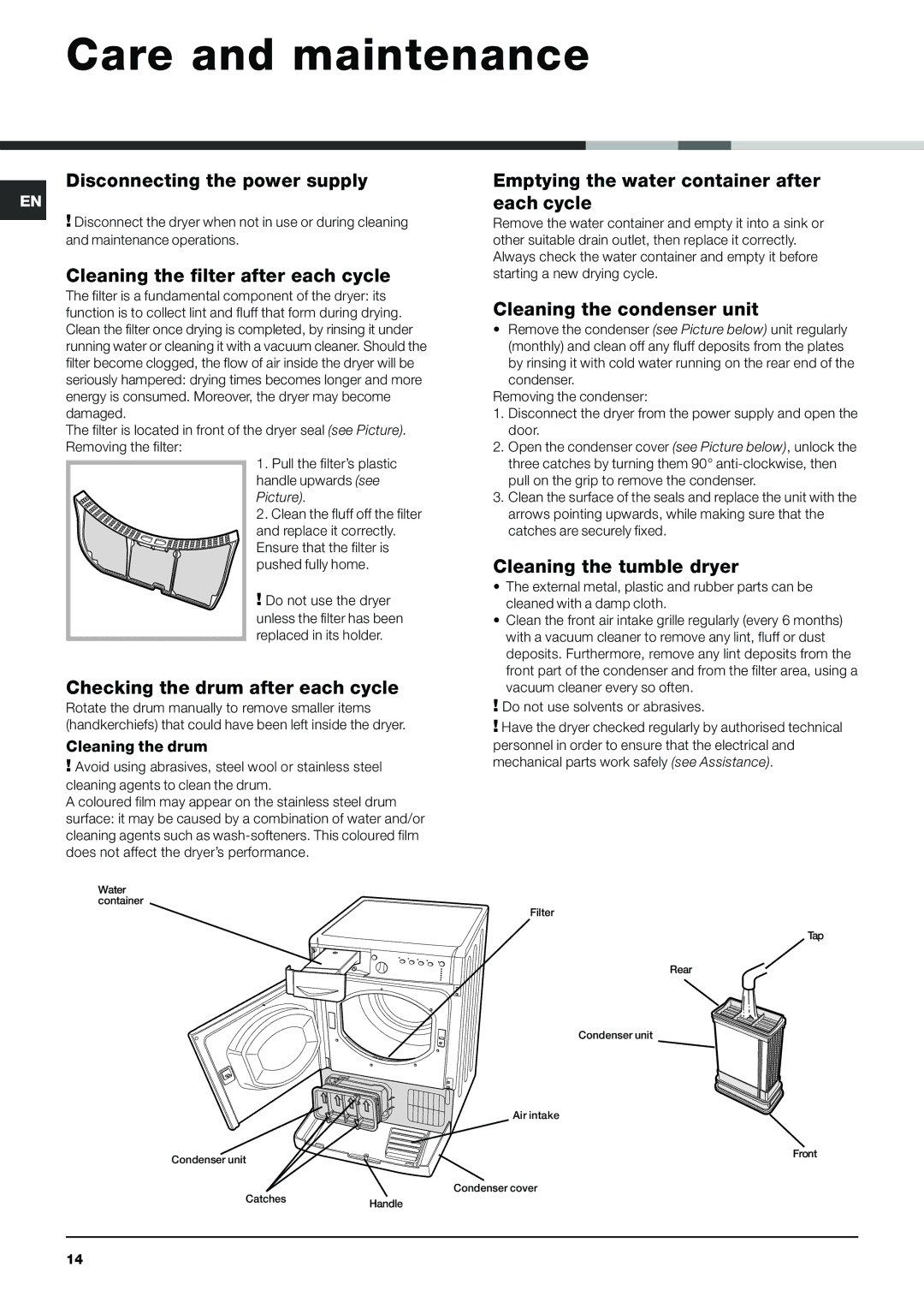 Indesit IDCA 835 S instruction manual Care and maintenance 