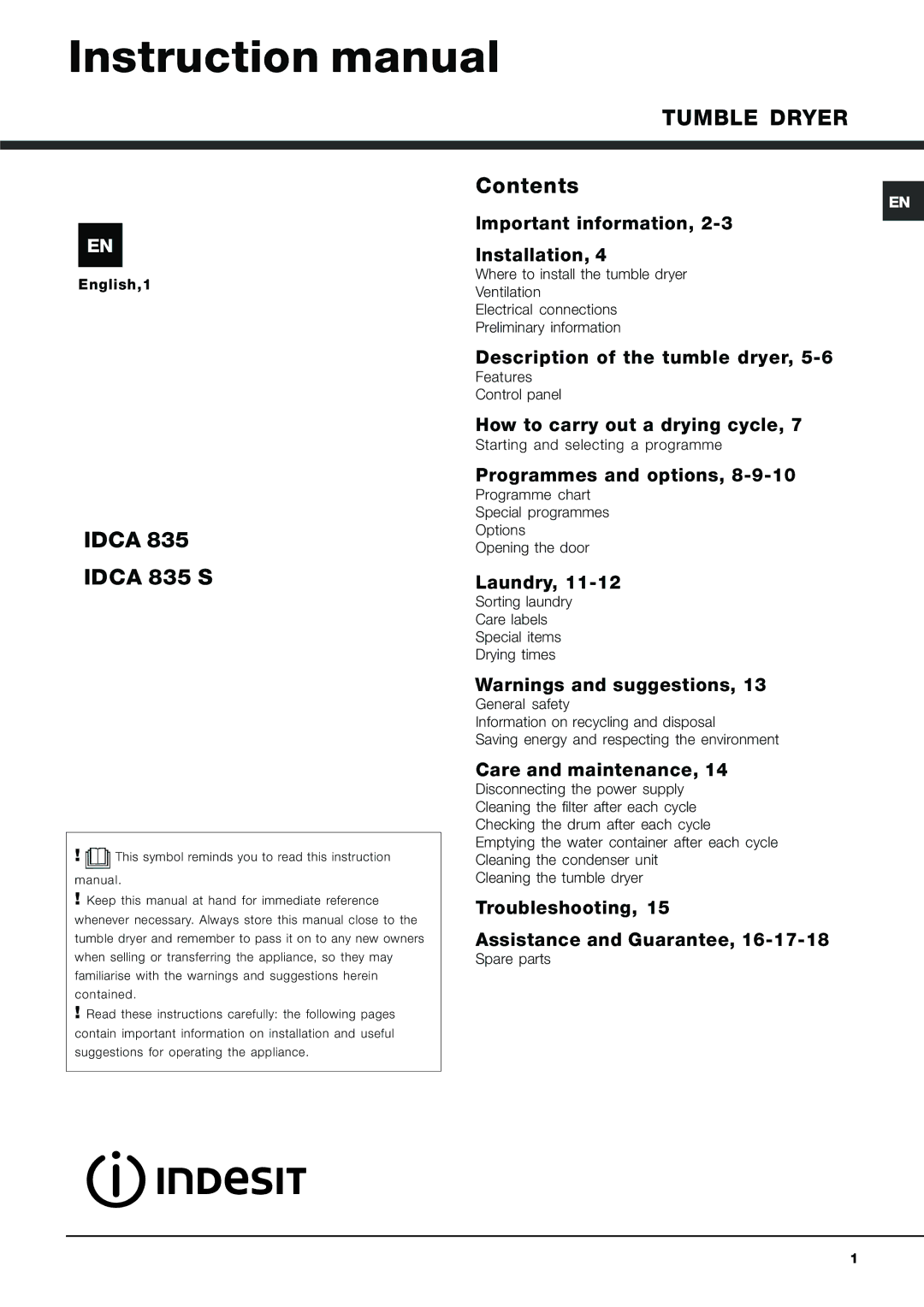 Indesit IDCA 835 S instruction manual Tumble Dryer 