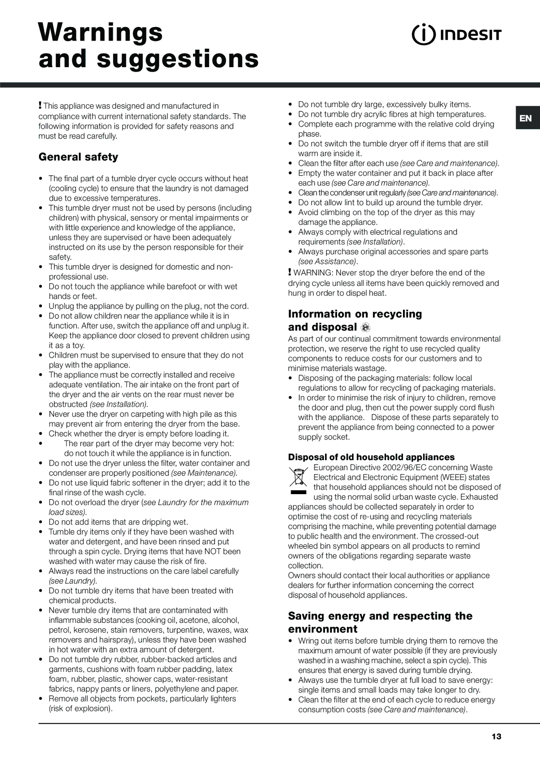 Indesit IDCA 835 Suggestions, General safety, Information on recycling and disposal, Disposal of old household appliances 