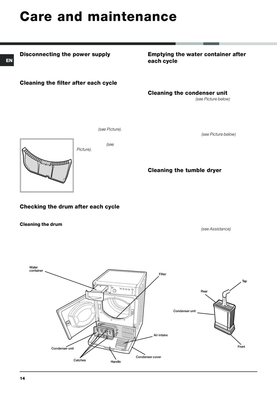 Indesit IDCA 835 S instruction manual Care and maintenance 