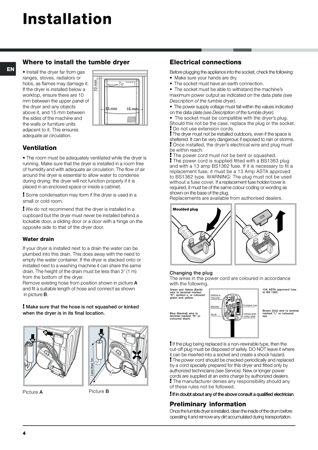 Indesit IDCA 835 S instruction manual Installation, Where to install the tumble dryer, Ventilation, Electrical connections 