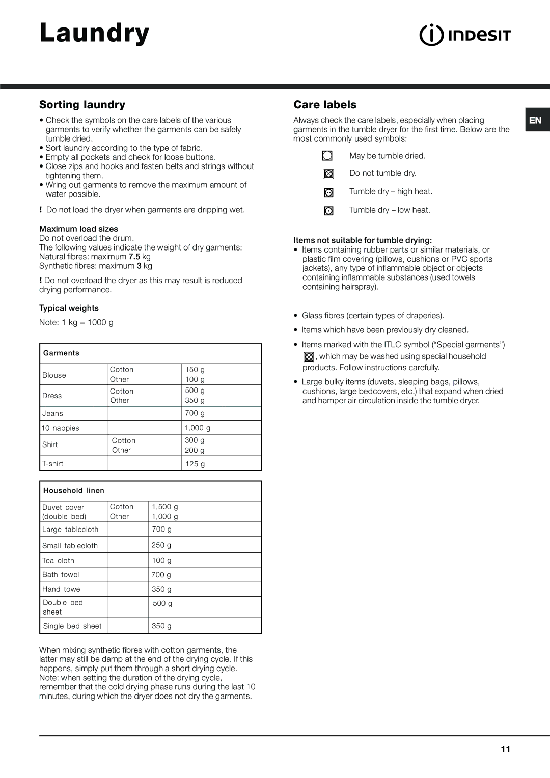 Indesit IDCE 845 S instruction manual Laundry, Sorting laundry, Care labels 