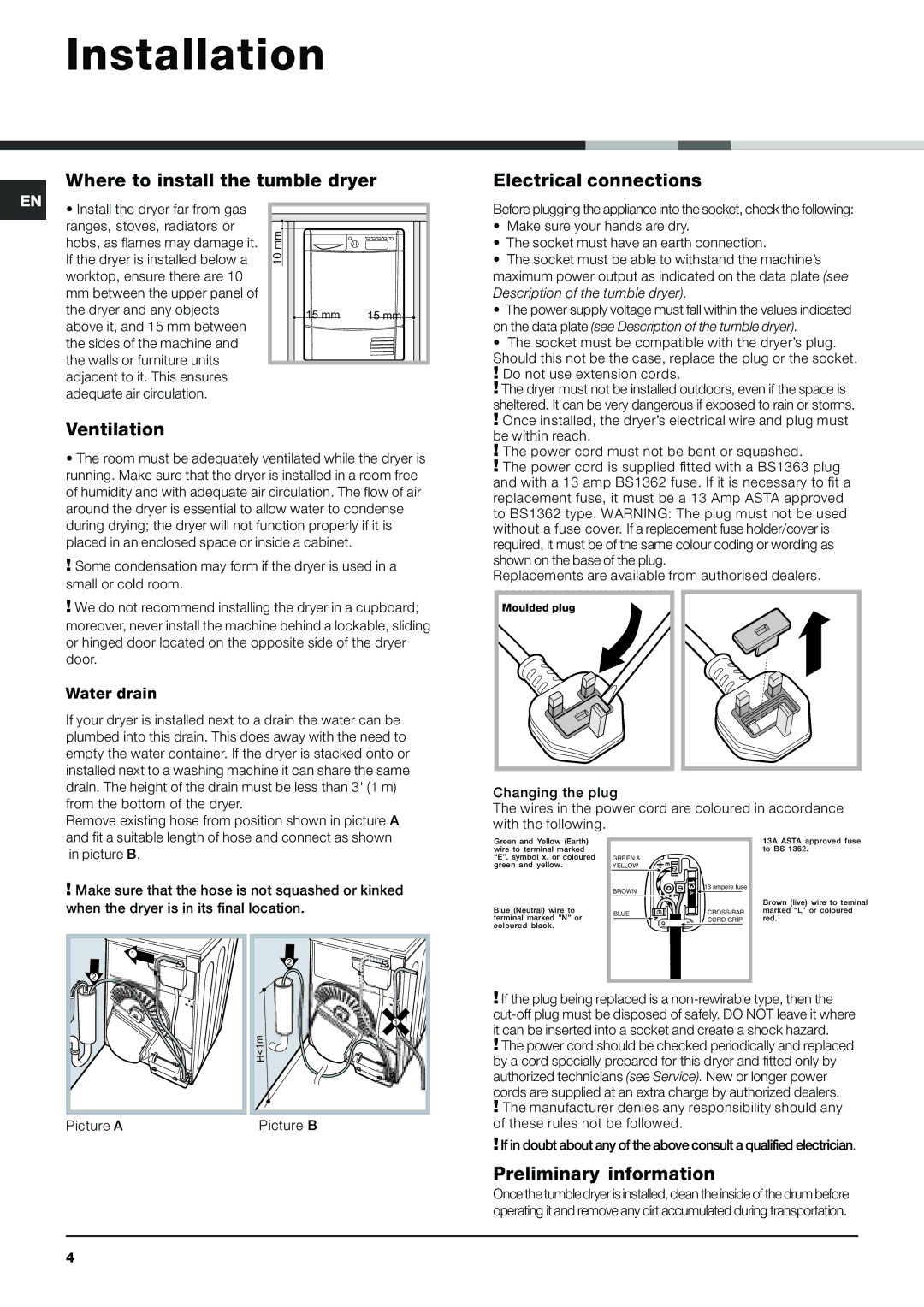 Indesit IDCE 845 Installation, Where to install the tumble dryer Electrical connections, Ventilation, Water drain 