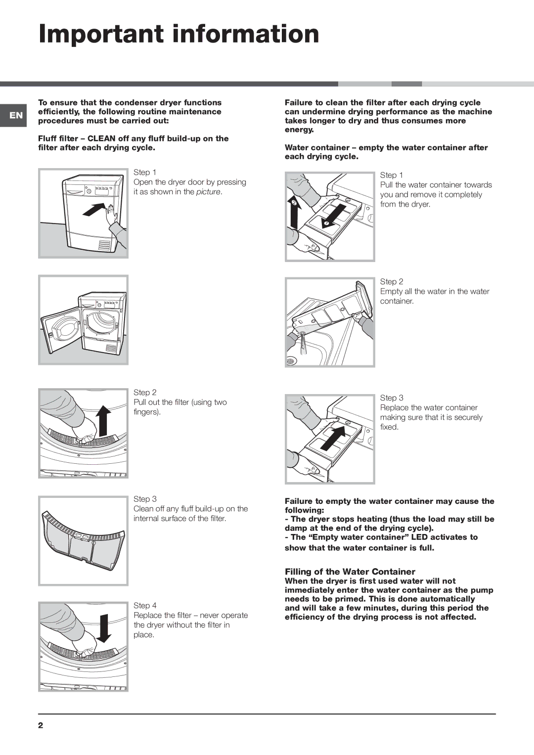 Indesit IDCE 8450 B S, IDCE 8450 B K instruction manual Important information, Filling of the Water Container 