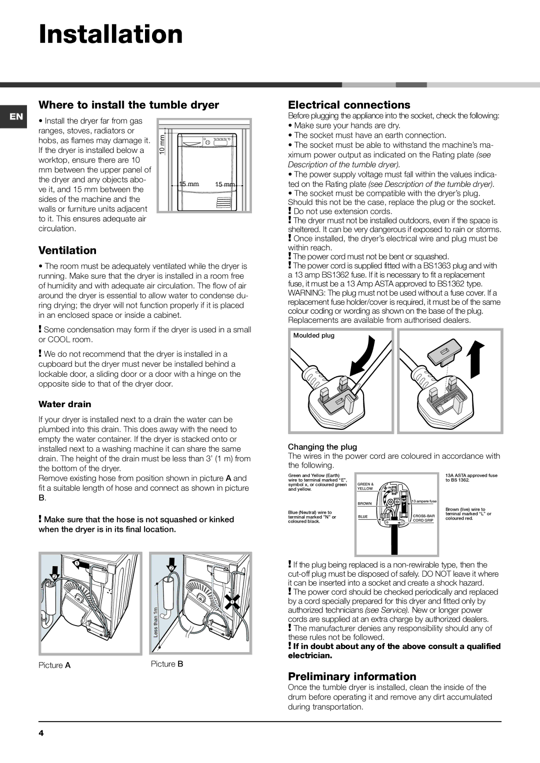 Indesit IDCE 8450 B K Installation, Where to install the tumble dryer, Ventilation, Electrical connections 