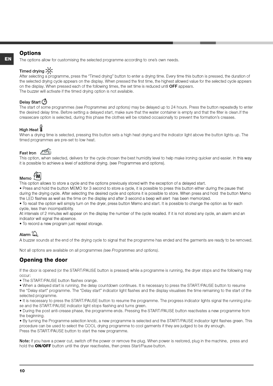 Indesit IDCE 8450 BK H, IDCE 8450 BS H, IDCE 8450 B H instruction manual Options, Opening the door 