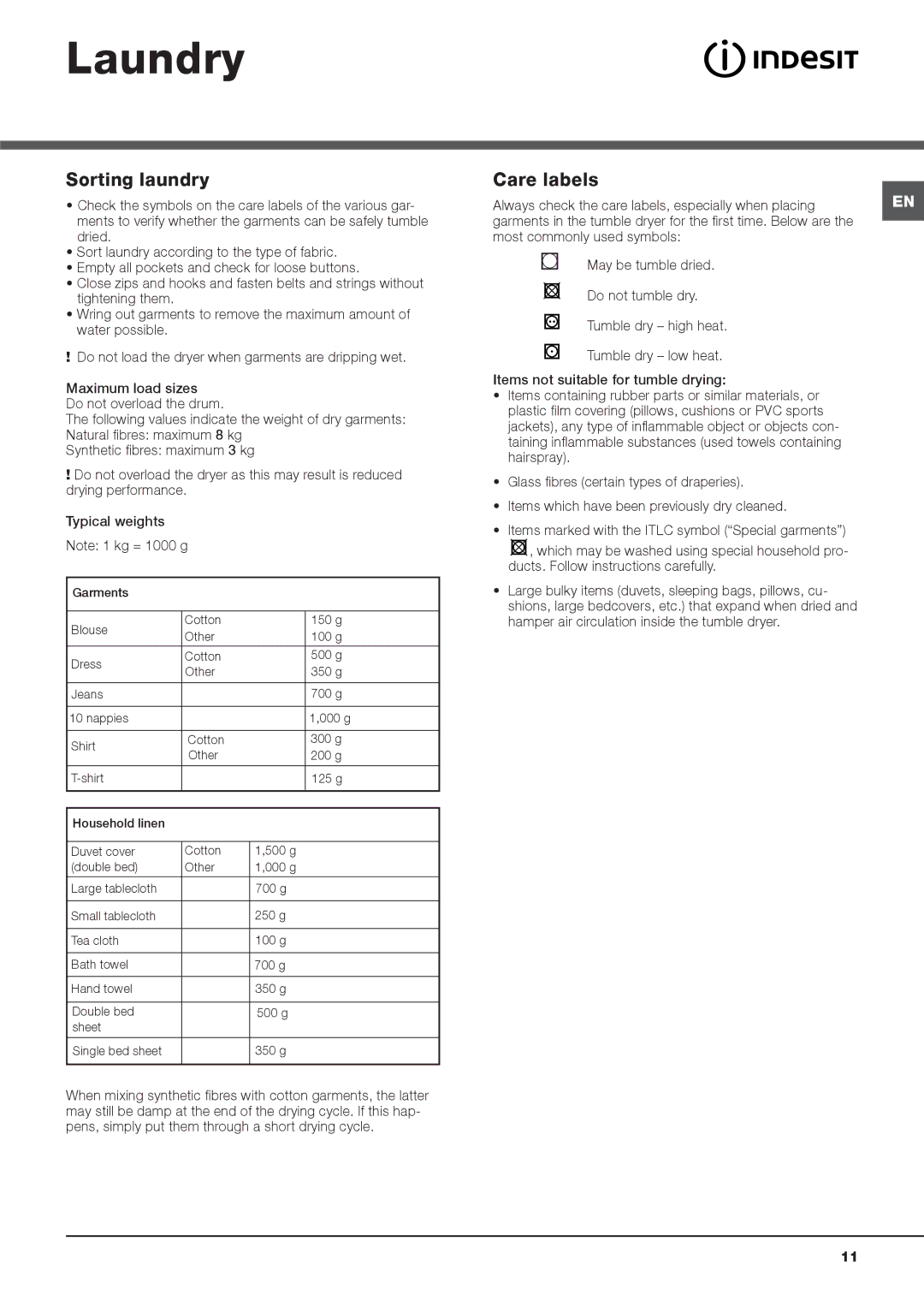 Indesit IDCE 8450 B H, IDCE 8450 BS H, IDCE 8450 BK H instruction manual Laundry, Sorting laundry, Care labels 