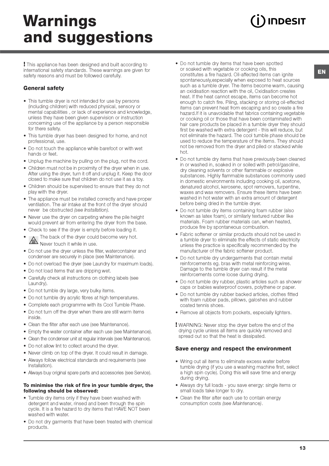 Indesit IDCE 8450 BK H, IDCE 8450 BS H, IDCE 8450 B H instruction manual Suggestions, Save energy and respect the environment 