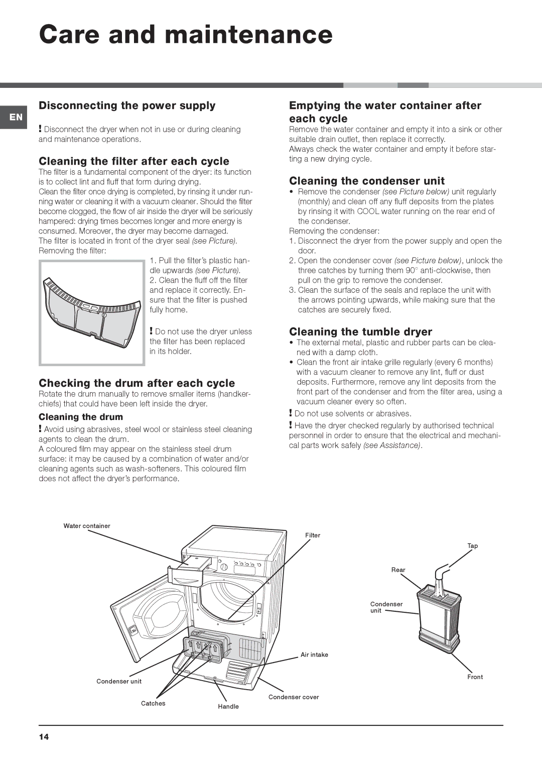 Indesit IDCE 8450 B H, IDCE 8450 BS H, IDCE 8450 BK H instruction manual Care and maintenance 