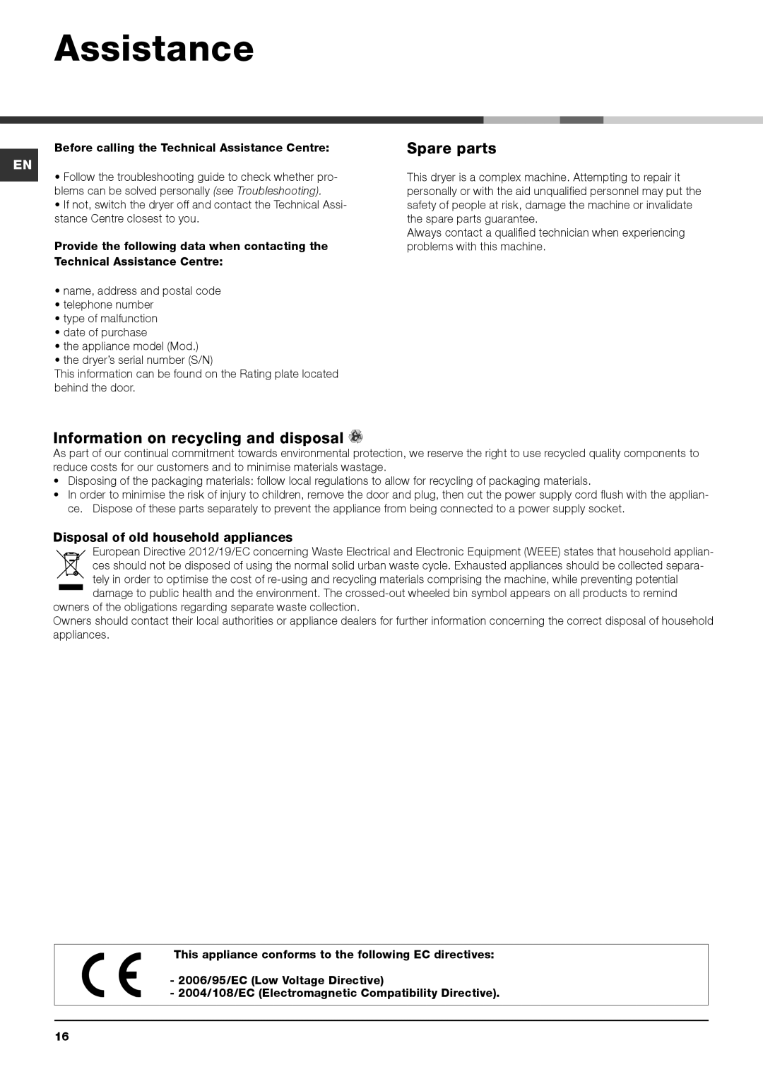 Indesit IDCE 8450 BK H, IDCE 8450 BS H, IDCE 8450 B H Assistance, Spare parts, Information on recycling and disposal 