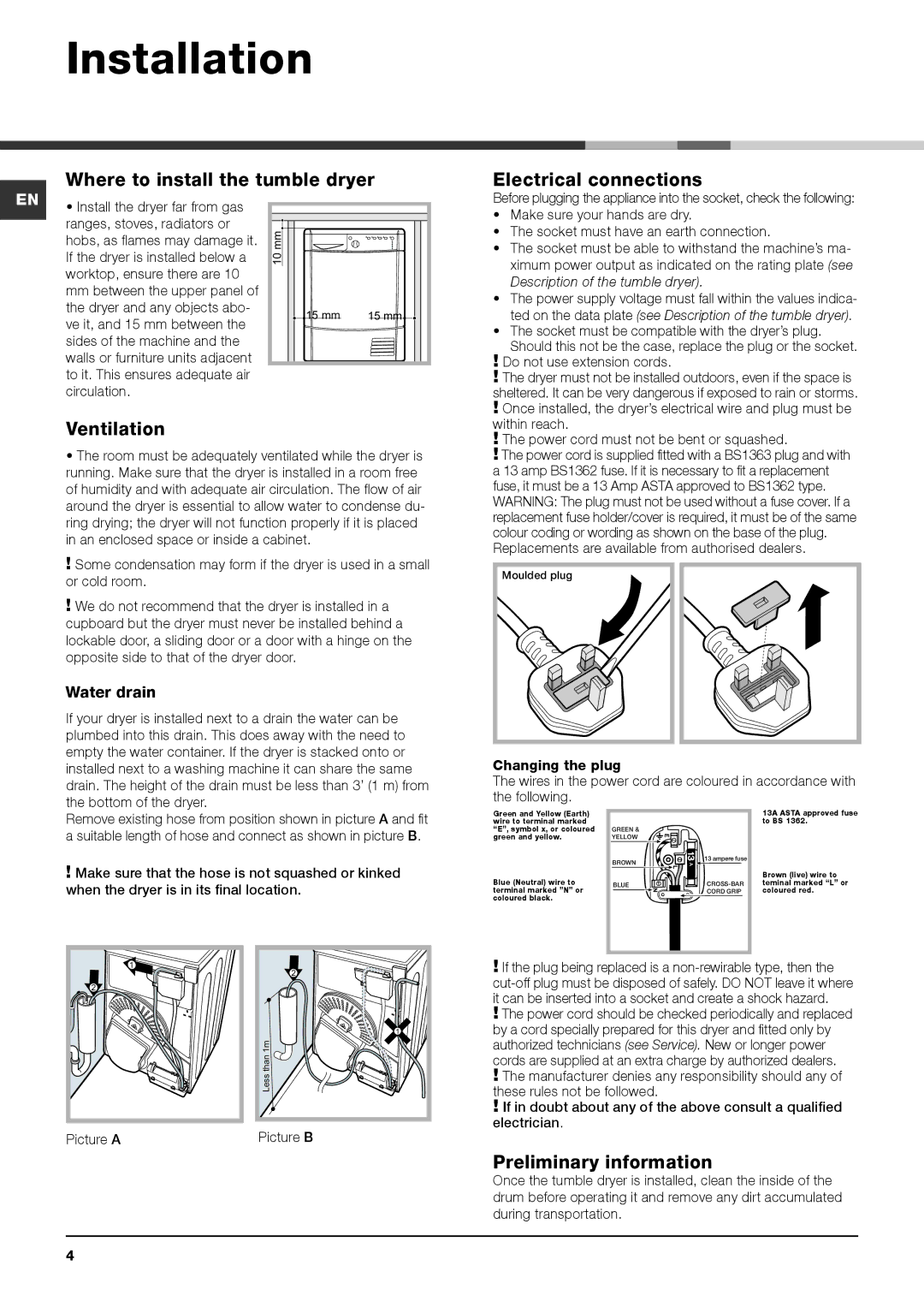 Indesit IDCE 8450 BK H, IDCE 8450 B H Installation, Where to install the tumble dryer, Ventilation, Electrical connections 