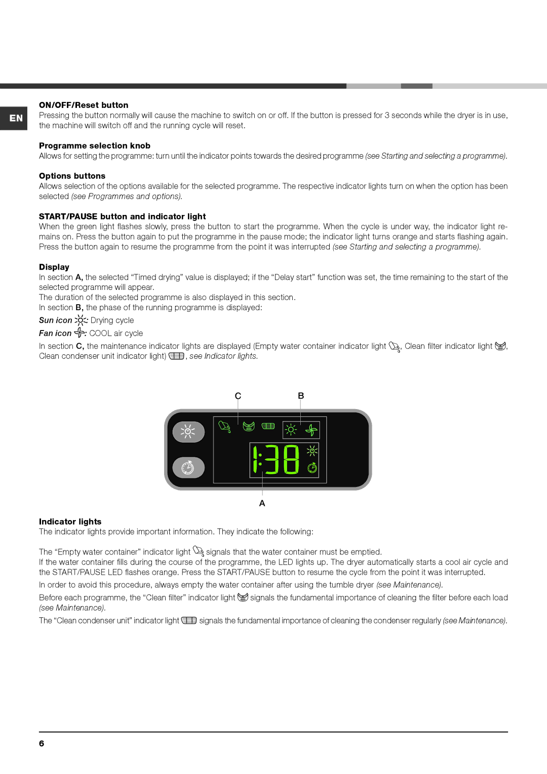 Indesit IDCE 8450 BS H, IDCE 8450 BK H, IDCE 8450 B H Sun icon Drying cycle Fan icon Cool air cycle, See Indicator lights 