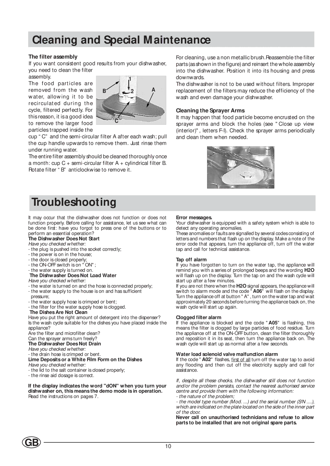 Indesit IDE 1000, IDE 1005 Cleaning and Special Maintenance, Troubleshooting, Filter assembly, Cleaning the Sprayer Arms 