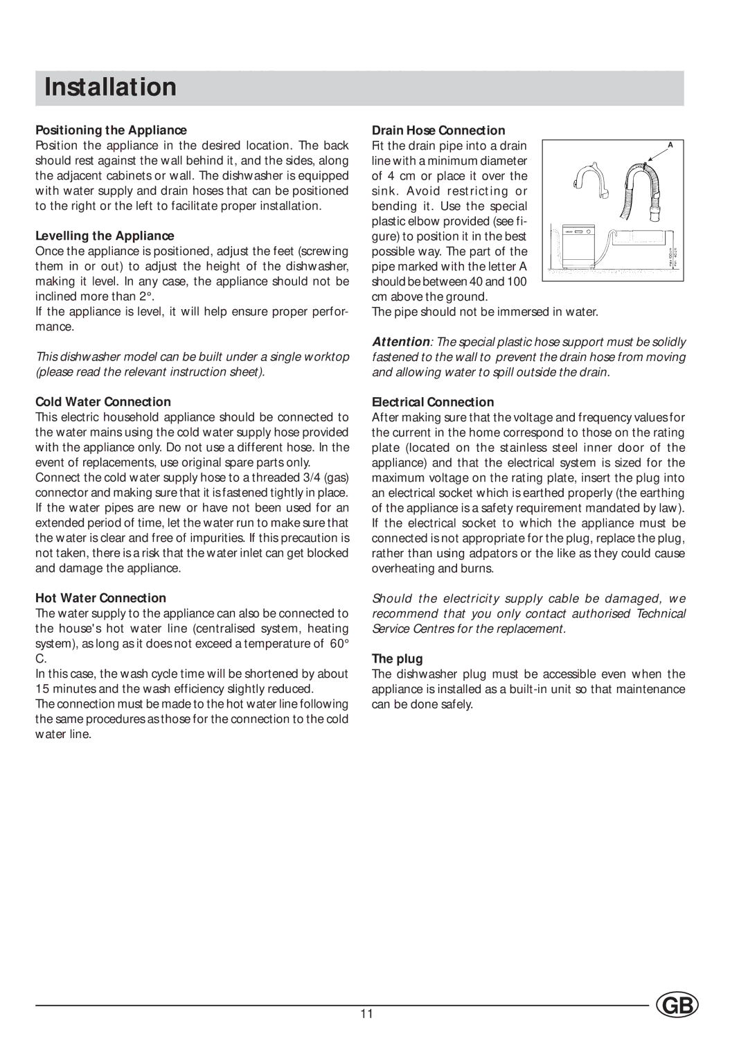 Indesit IDE 1005, IDE 1000 manual Installation 