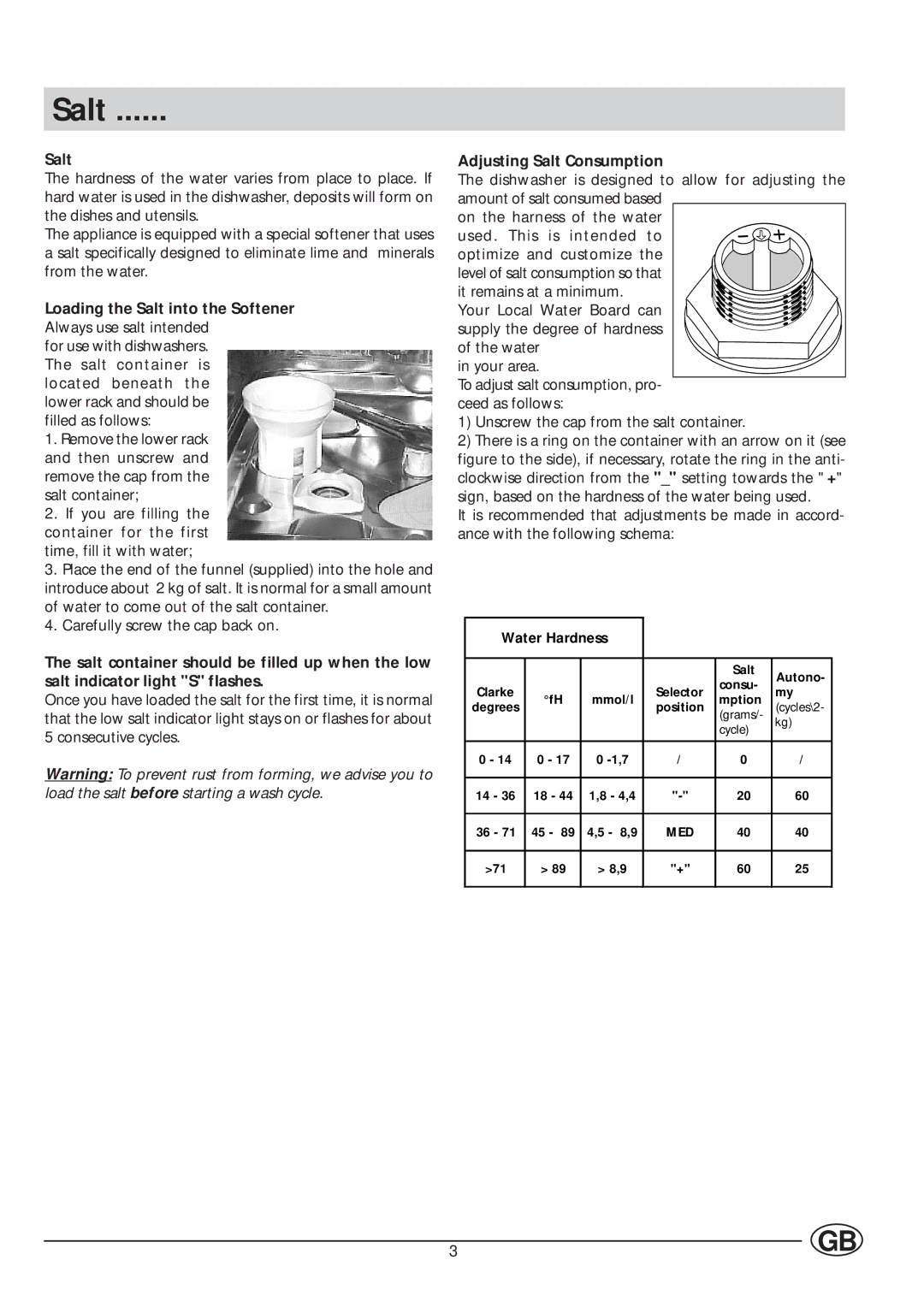 Indesit IDE 1005, IDE 1000 manual Loading the Salt into the Softener, Adjusting Salt Consumption 