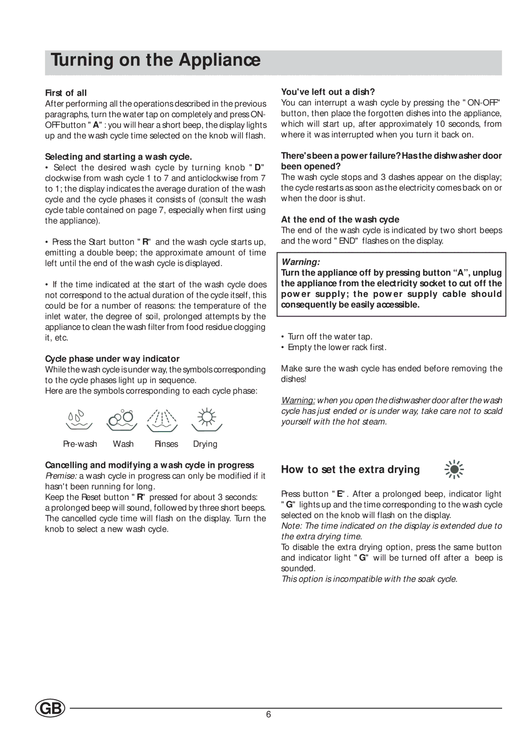 Indesit IDE 1000, IDE 1005 manual Turning on the Appliance 