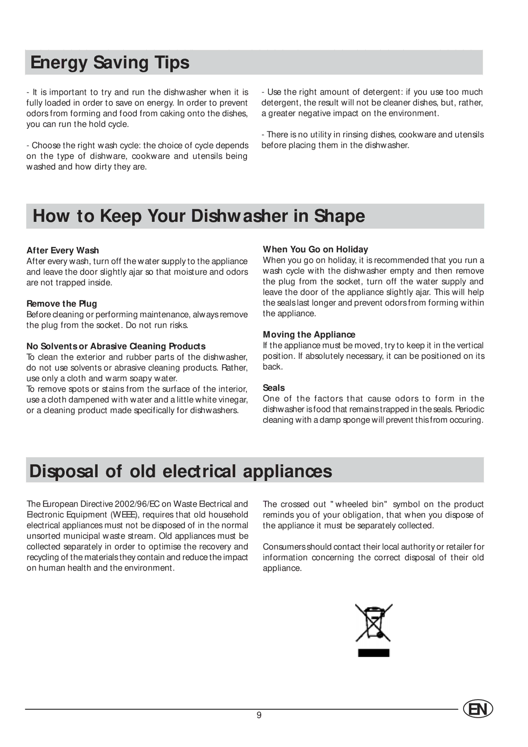 Indesit IDE 44 manual Energy Saving Tips, How to Keep Your Dishwasher in Shape, Disposal of old electrical appliances 