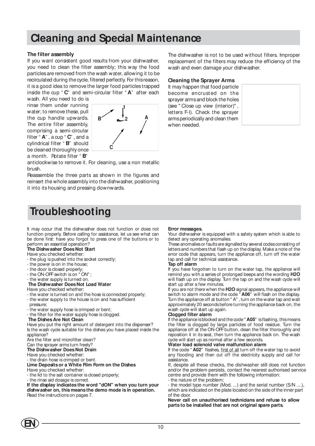 Indesit IDE 44 manual Cleaning and Special Maintenance, Troubleshooting, Filter assembly 