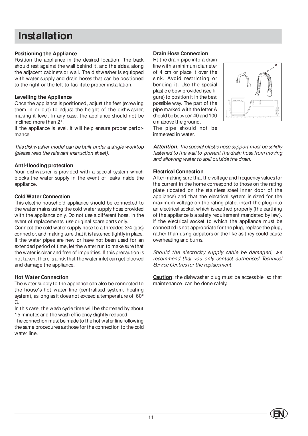 Indesit IDE 44 manual Installation 