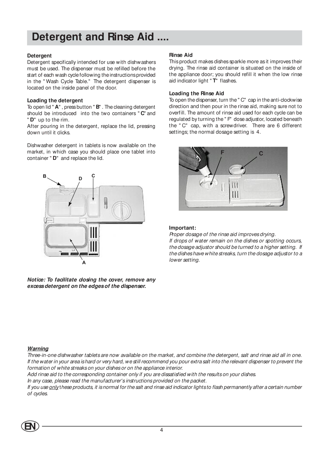 Indesit IDE 44 manual Detergent and Rinse Aid, Loading the detergent, Loading the Rinse Aid 