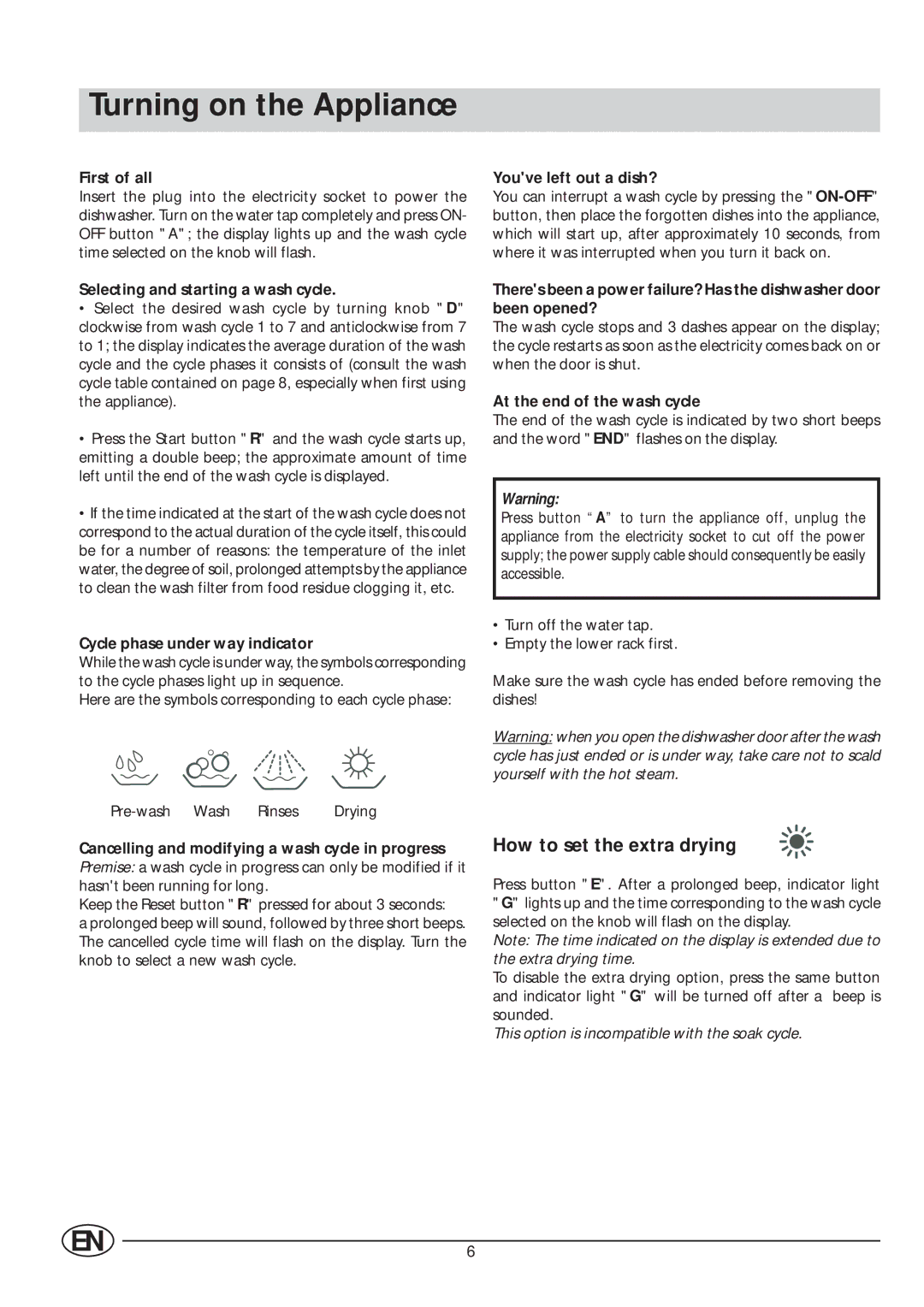 Indesit IDE 44 manual Turning on the Appliance 