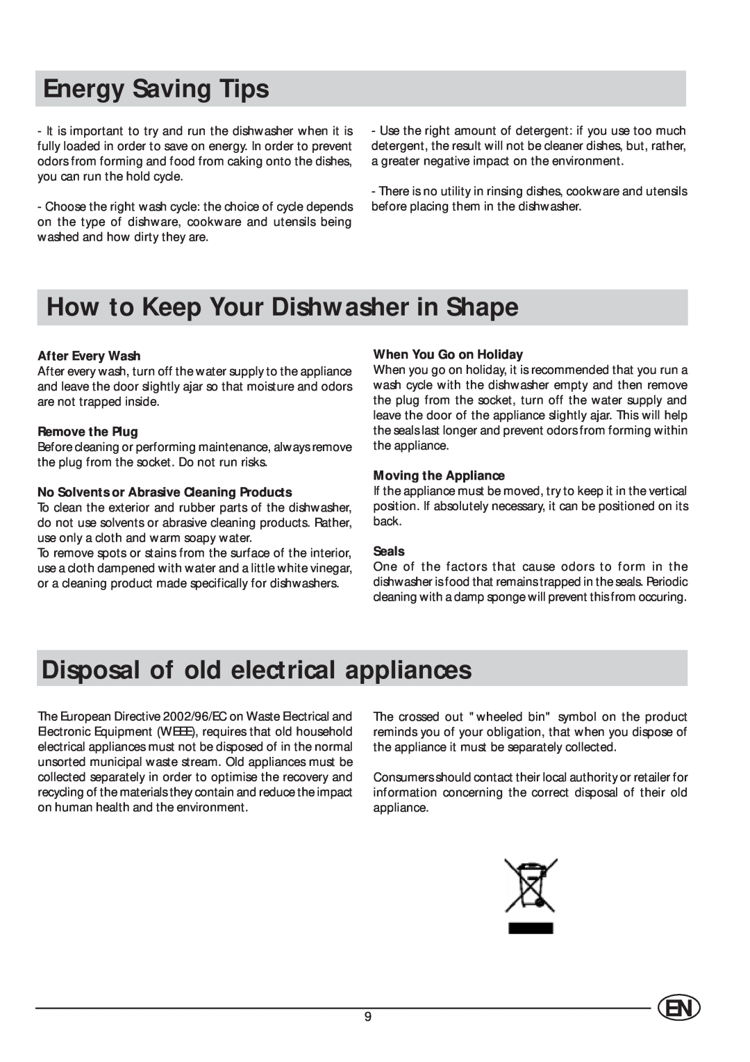 Indesit IDE 44 Energy Saving Tips, How to Keep Your Dishwasher in Shape, Disposal of old electrical appliances, Seals 