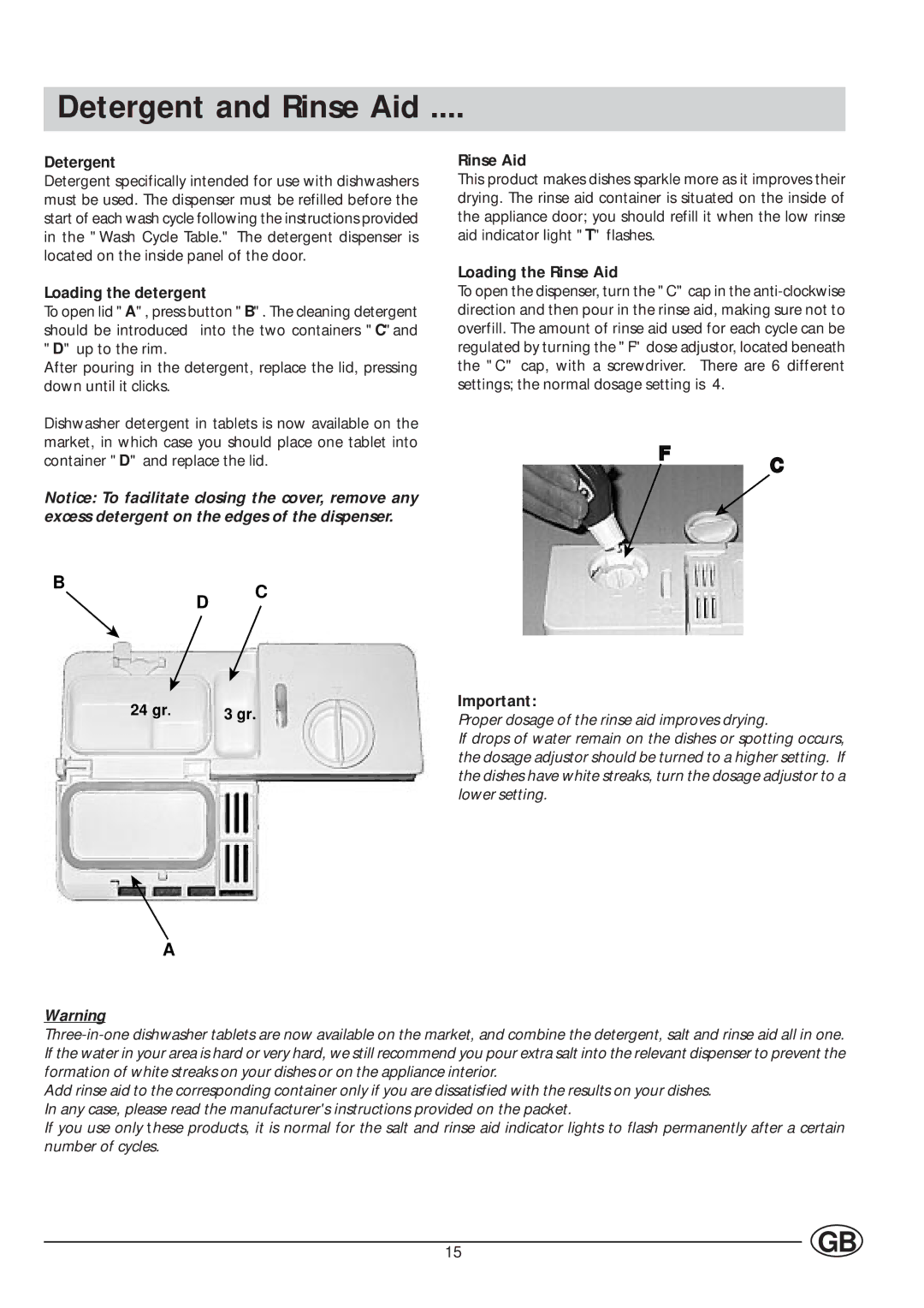 Indesit IDE 45 manual Detergent and Rinse Aid, Loading the detergent, Loading the Rinse Aid 