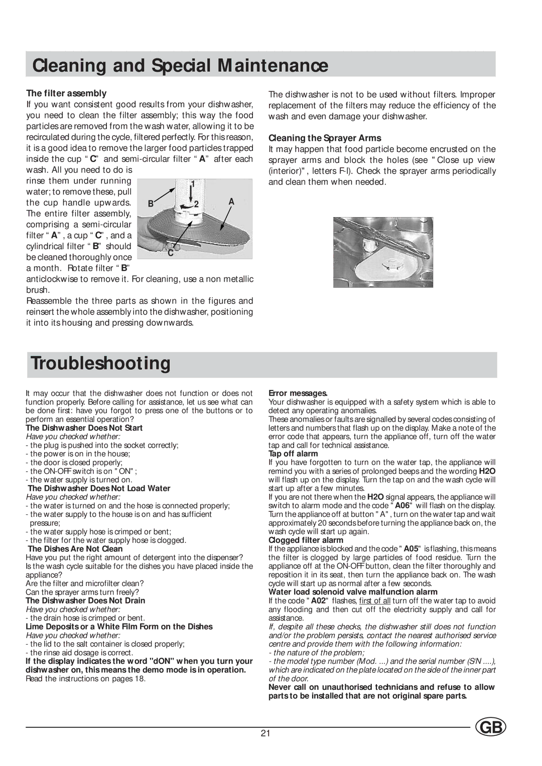 Indesit IDE 45 manual Cleaning and Special Maintenance, Troubleshooting, Filter assembly, Cleaning the Sprayer Arms 