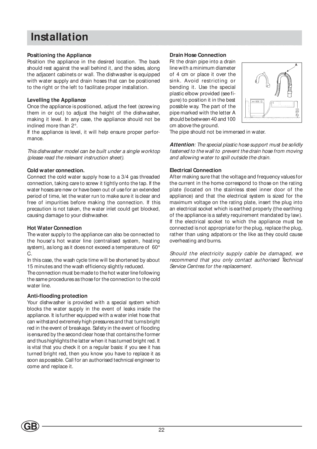 Indesit IDE 45 manual Installation 