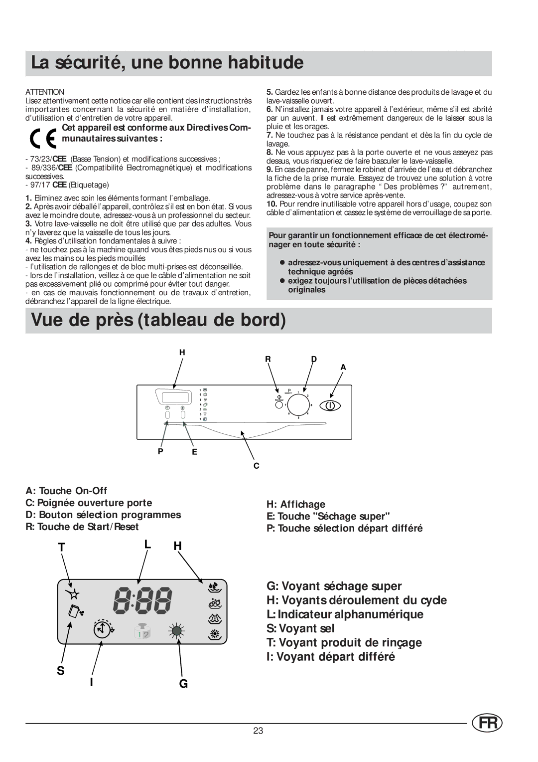 Indesit IDE 45 manual La sécurité, une bonne habitude, Vue de près tableau de bord 