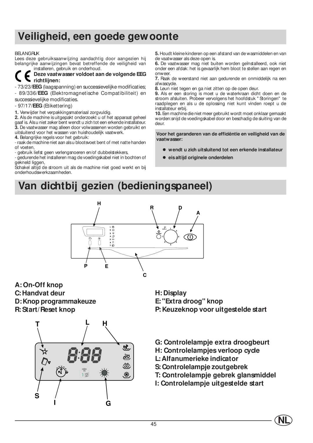 Indesit IDE 45 manual Veiligheid, een goede gewoonte, Van dichtbij gezien bedieningspaneel 