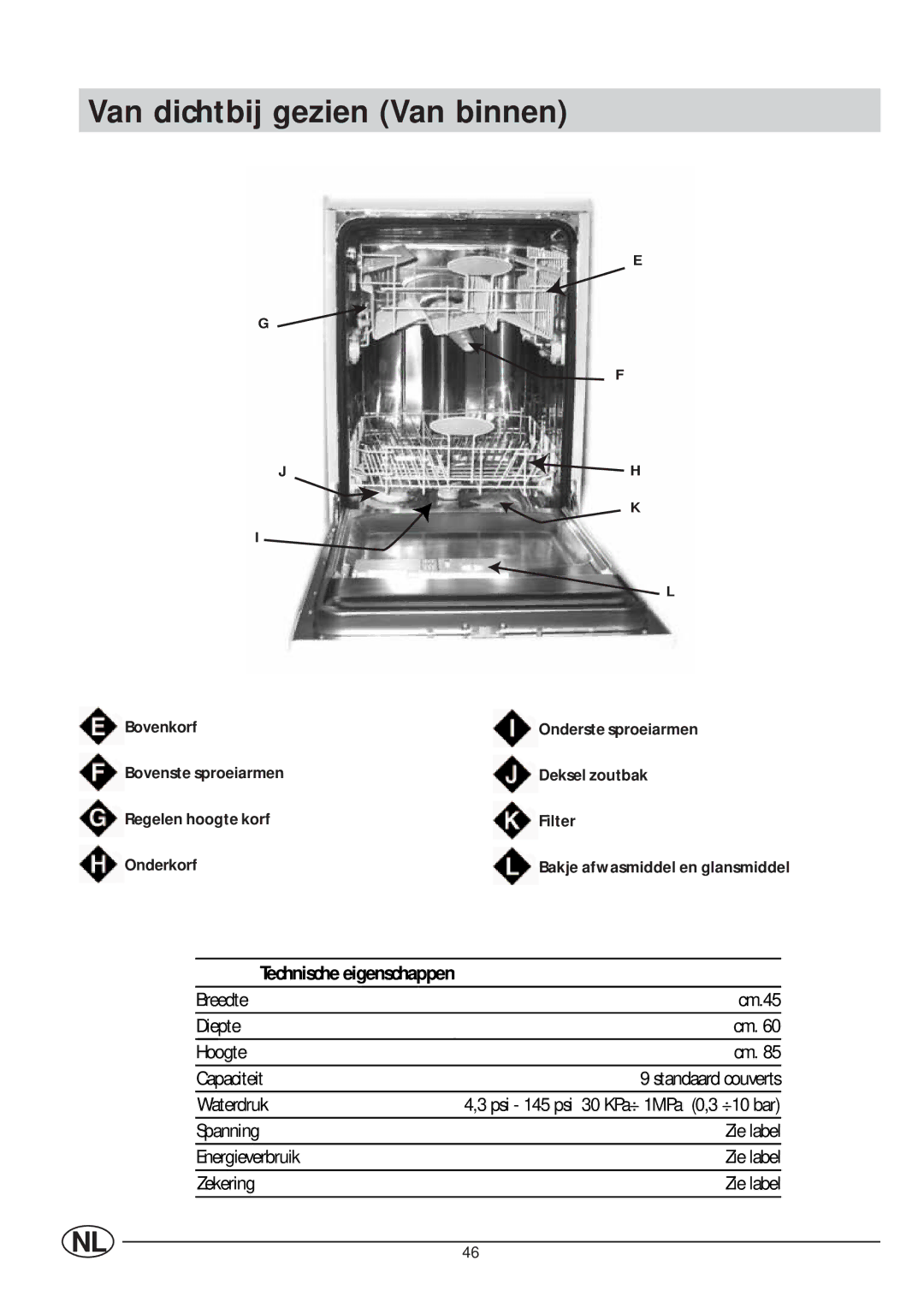 Indesit IDE 45 manual Van dichtbij gezien Van binnen, Technische eigenschappen, Bakje afwasmiddel en glansmiddel 