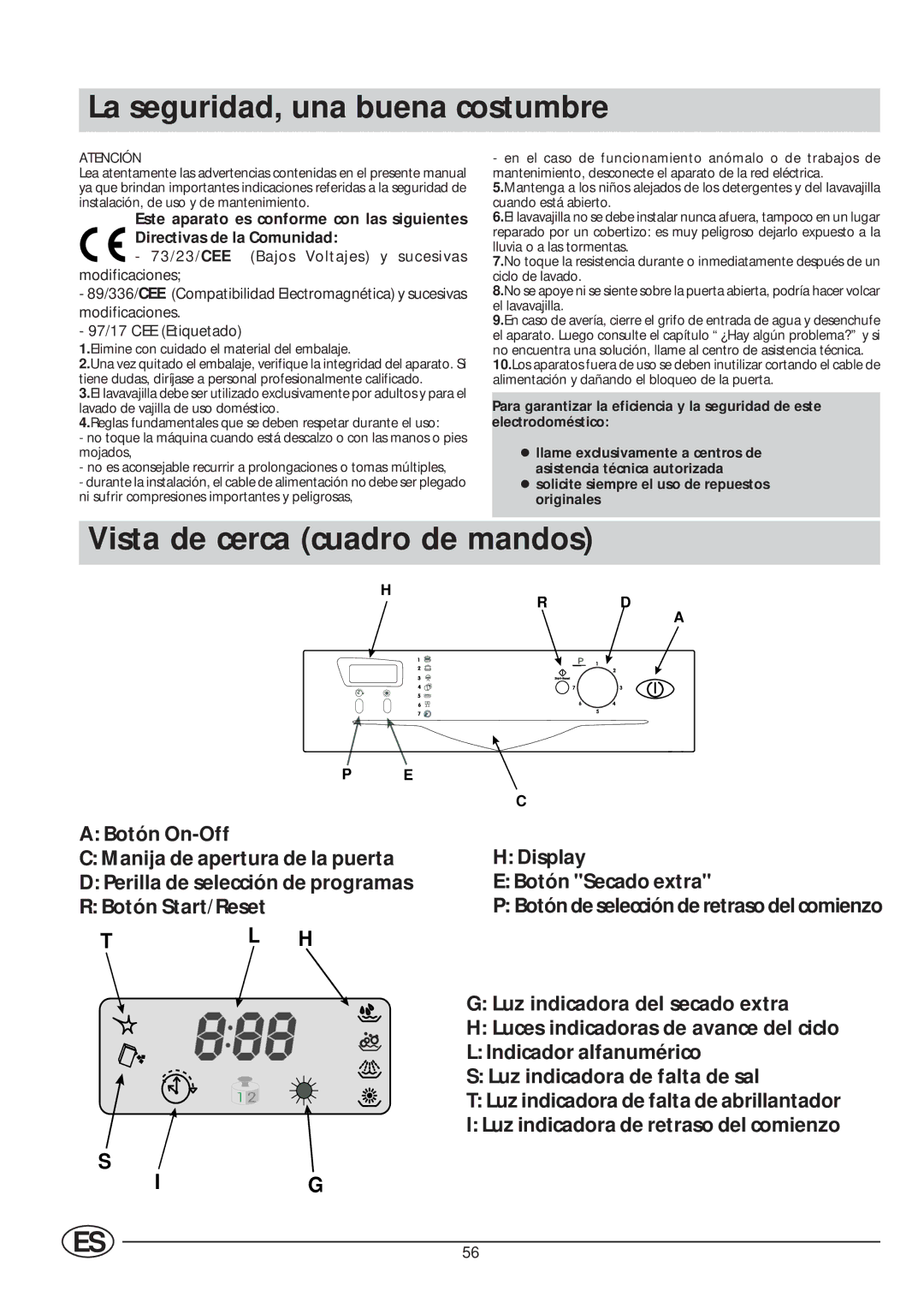 Indesit IDE 45 manual La seguridad, una buena costumbre, Vista de cerca cuadro de mandos 