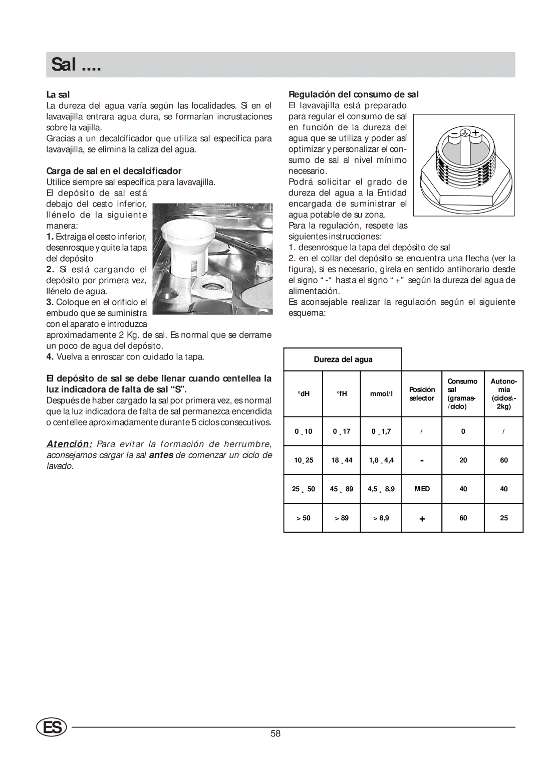 Indesit IDE 45 manual Sal, La sal, Carga de sal en el decalcificador, Dureza del agua 