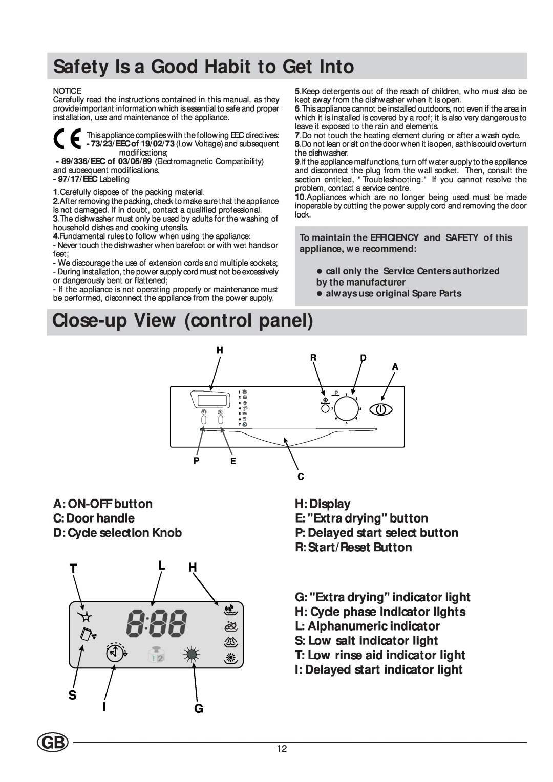 Indesit IDE 45 manual Safety Is a Good Habit to Get Into, Close-upView control panel 