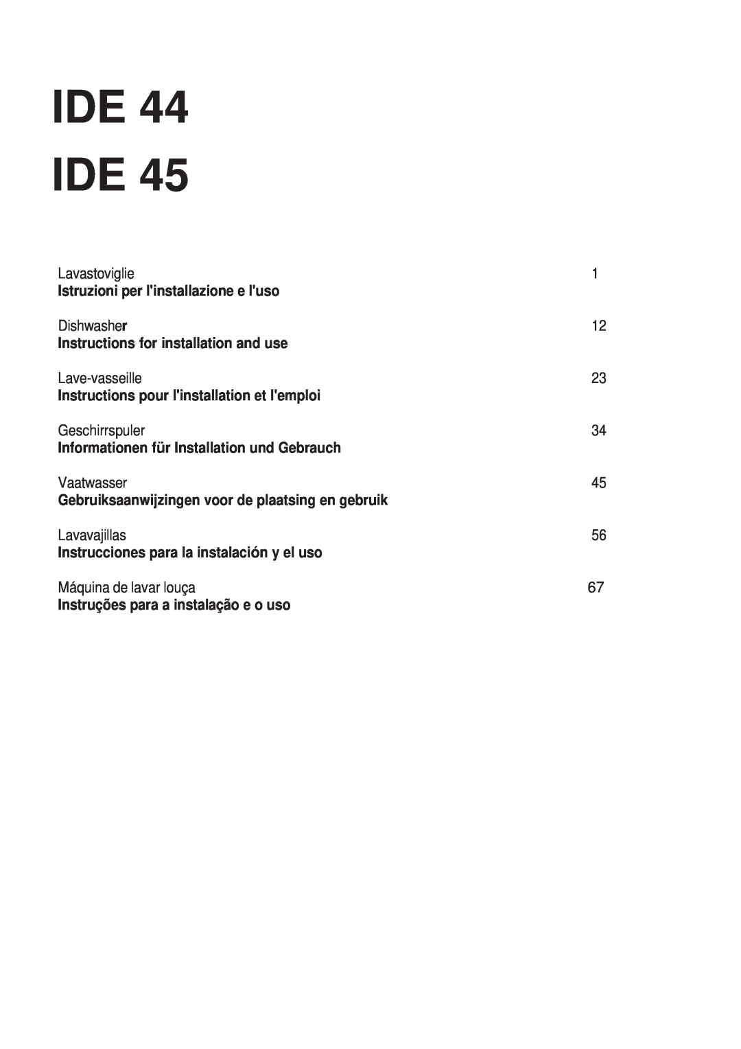 Indesit IDE 45 manual Ide Ide, Istruzioni per linstallazione e luso 