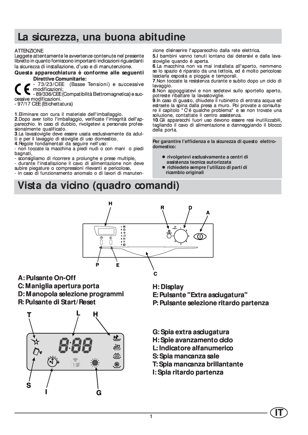 Indesit IDE 45 manual La sicurezza, una buona abitudine, Vista da vicino quadro comandi 