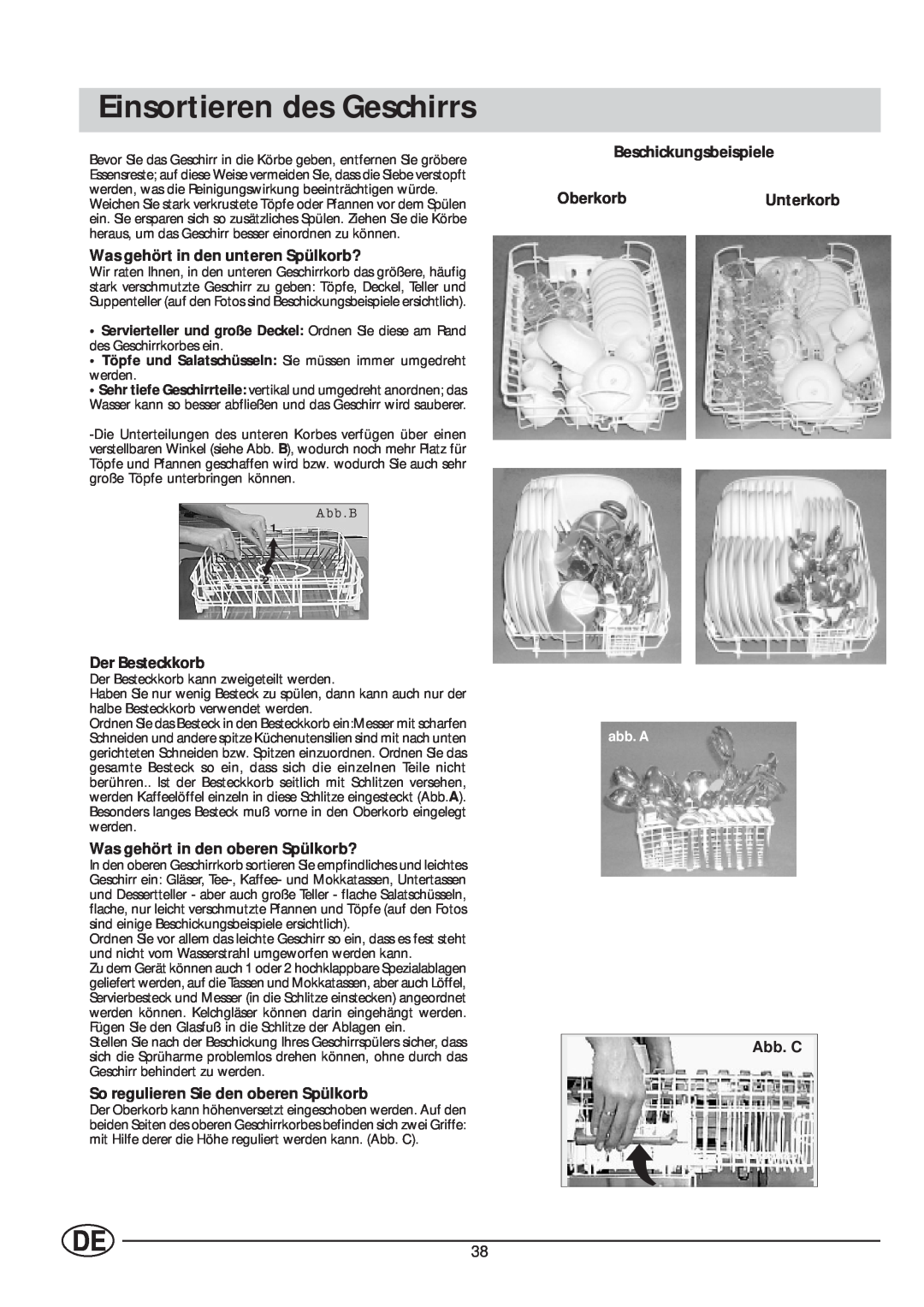 Indesit IDE 45 manual Einsortieren des Geschirrs, Was gehört in den unteren Spülkorb?, Der Besteckkorb, Abb. C, abb. A 