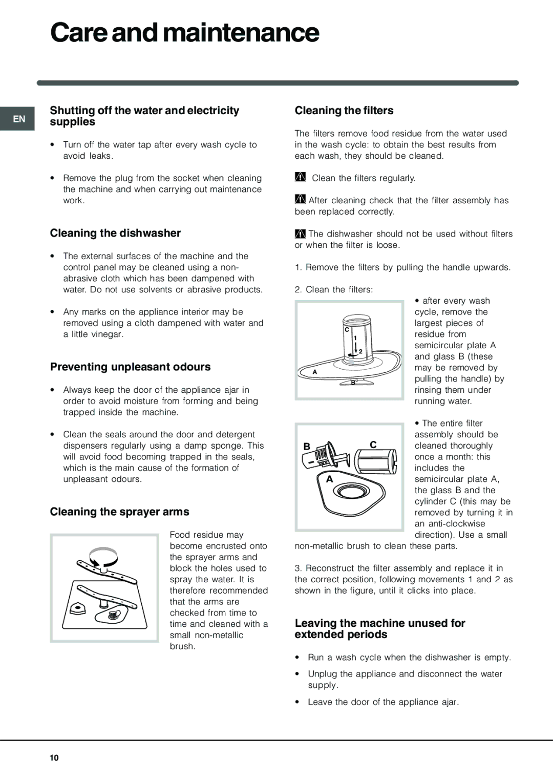 Indesit IDE 750 manual Care and maintenance 