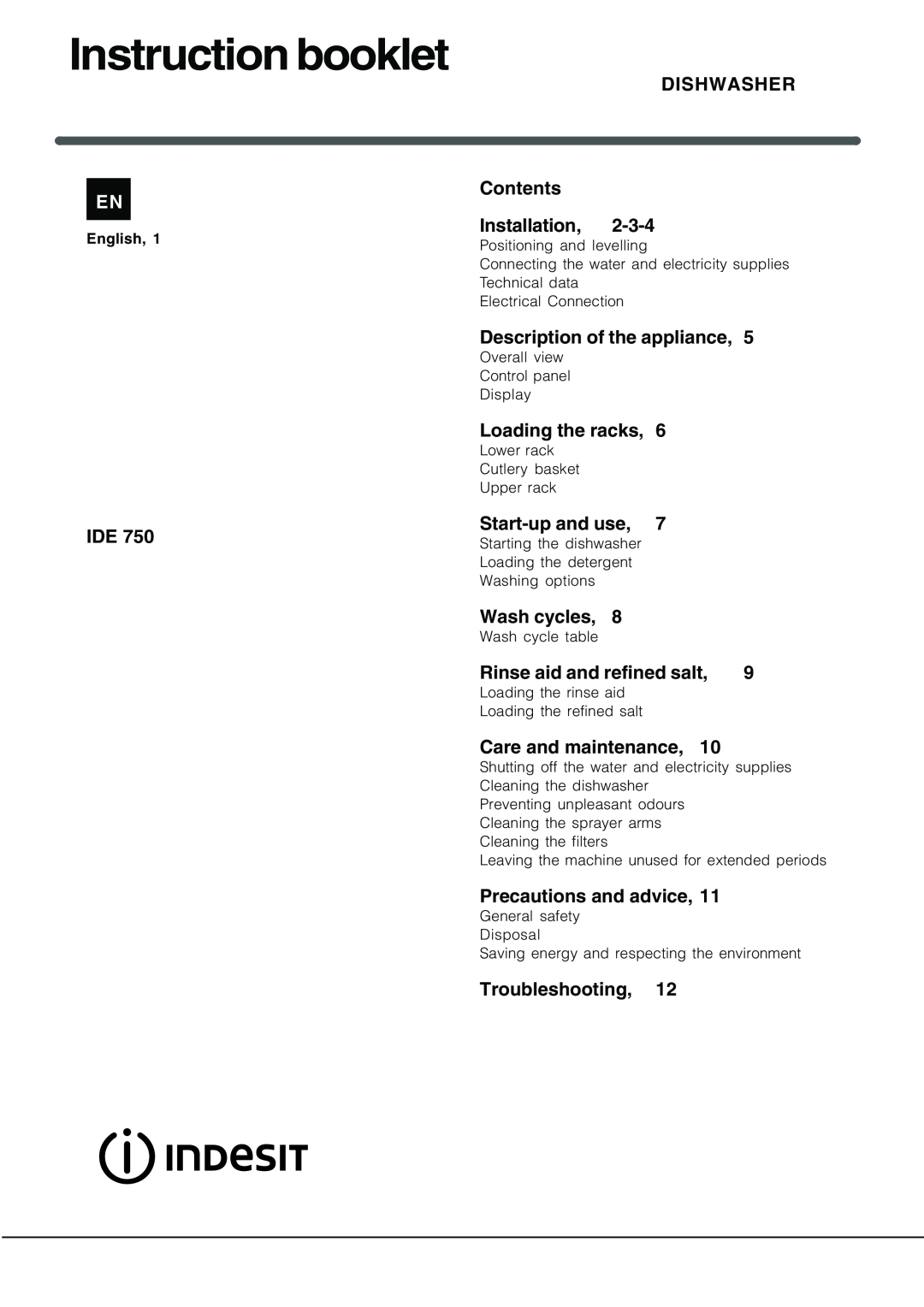 Indesit IDE 750 manual Instruction booklet 