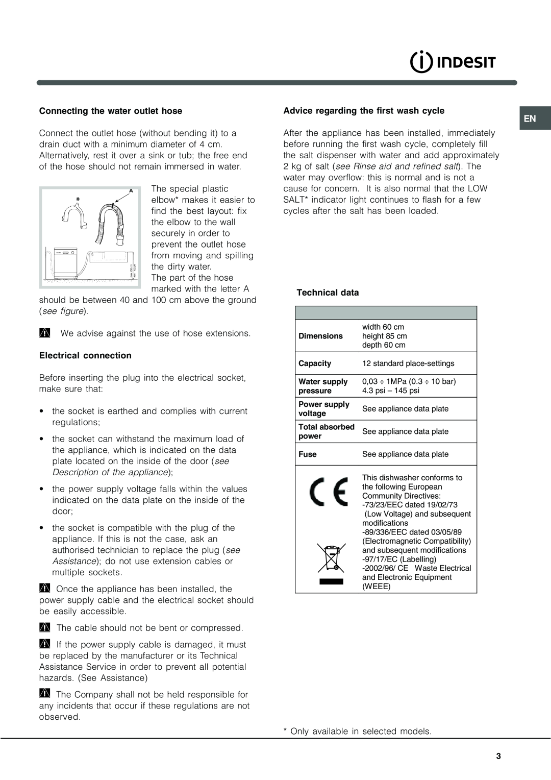 Indesit IDE 750 manual Connecting the water outlet hose, Electrical connection, Advice regarding the first wash cycle 