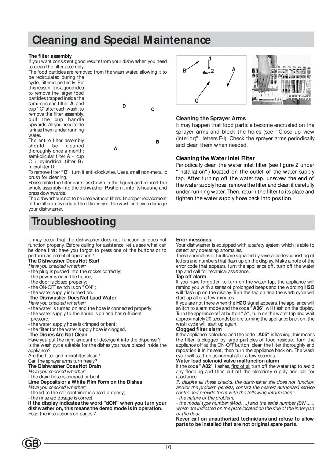 Indesit IDE 1005SUK, IDE1000UK manual Cleaning and Special Maintenance, Troubleshooting, Cleaning the Sprayer Arms 