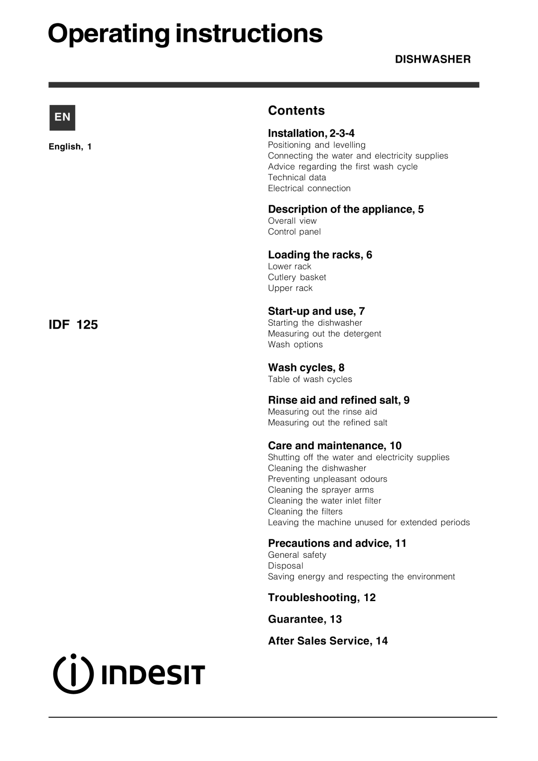 Indesit IDF 125 manual Operating instructions, Contents 